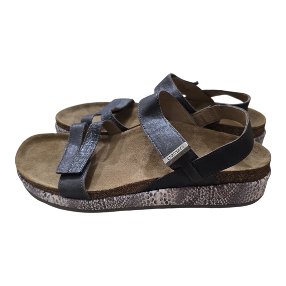 Aetrex Bethany Comfort Sandals Adjustable Straps 10 Navy Snake Leather Cork - Picture 3 of 8
